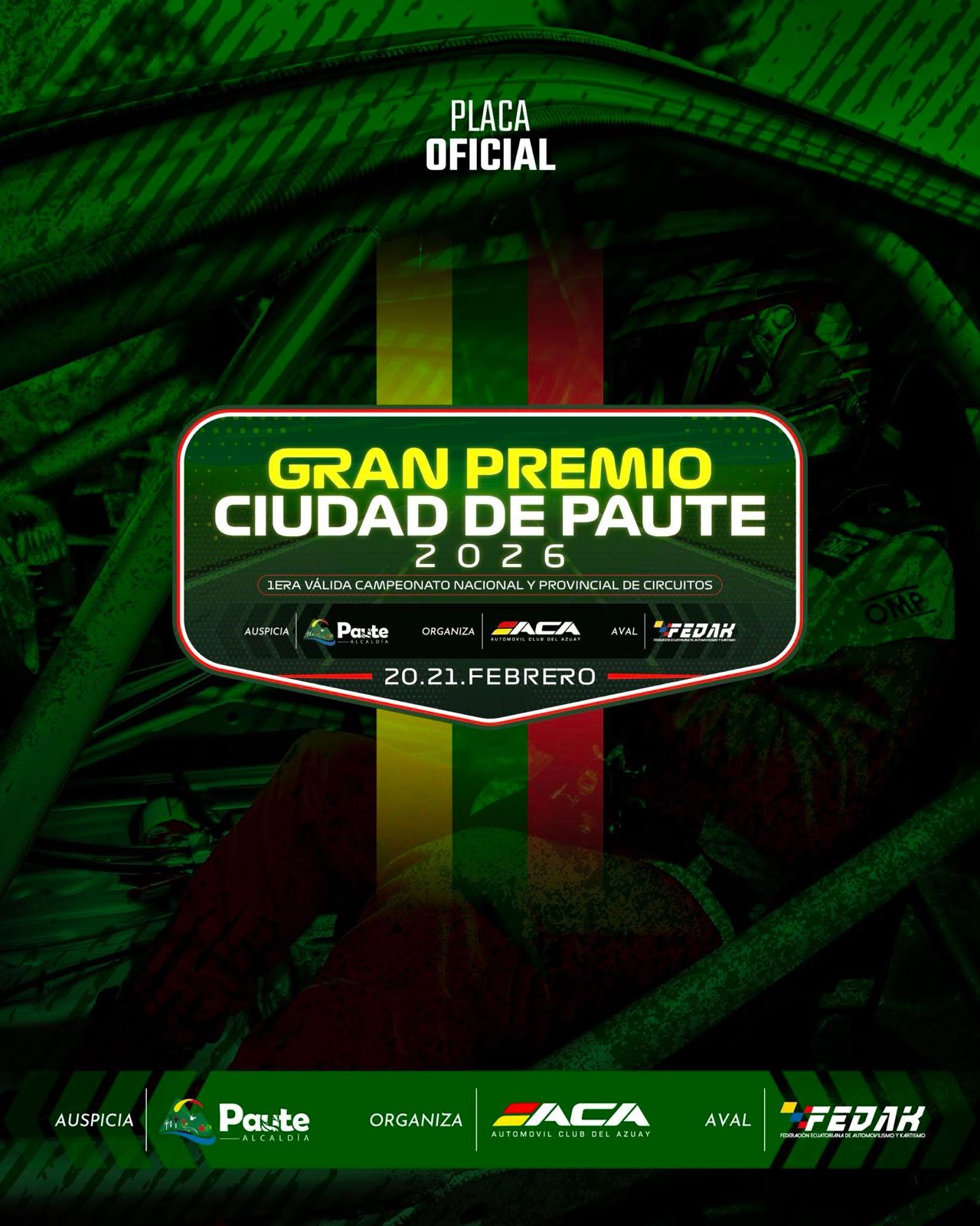 Placa oficial del Gran Premio Ciudad de Paute 2026, 1era Válida del Campeonato Nacional y Provincial de Circuitos en Ecuador.